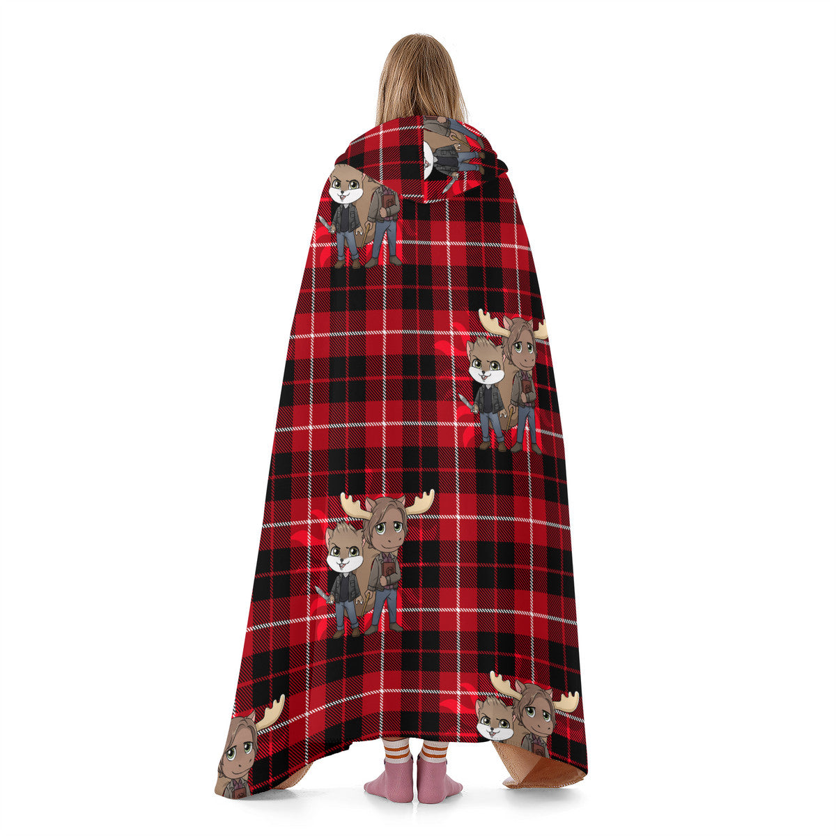 Moose and Squirrel Chibi Plaid Hooded Blanket