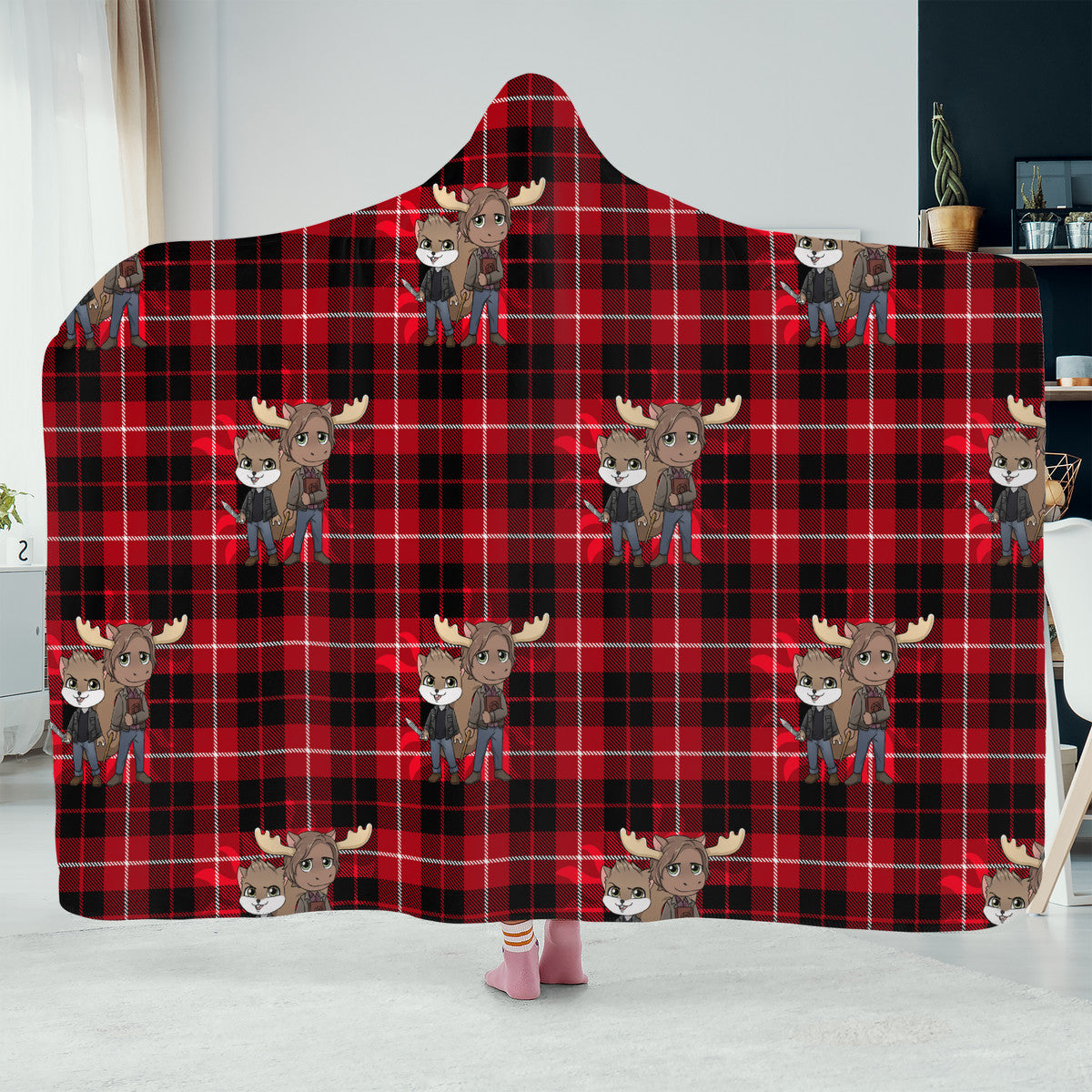 Moose and Squirrel Chibi Plaid Hooded Blanket