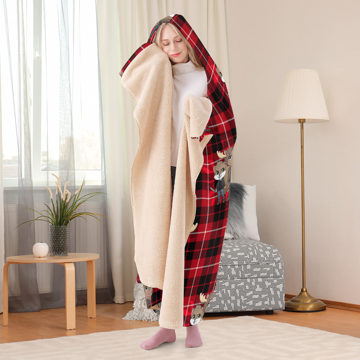 Moose and Squirrel Chibi Plaid Hooded Blanket