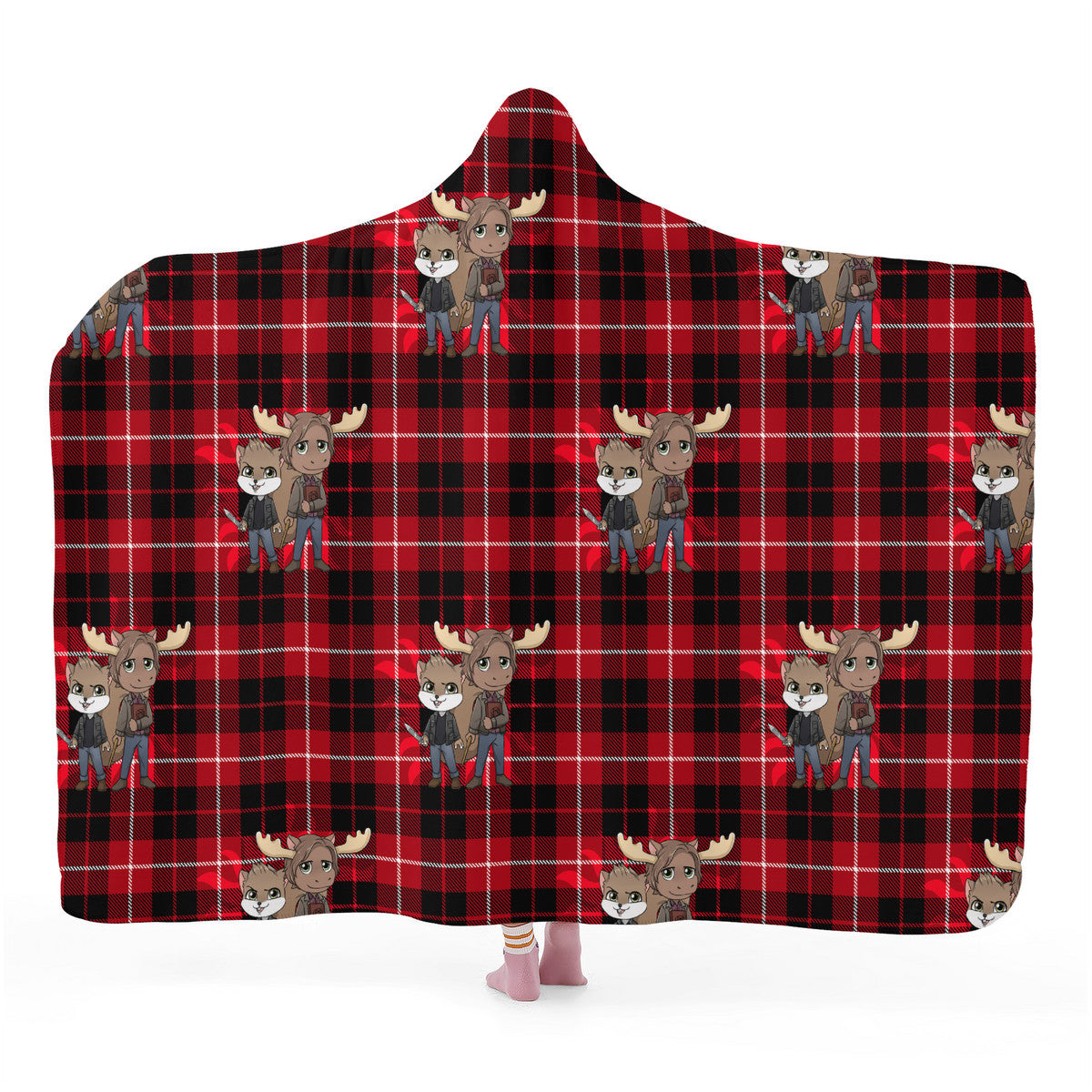 Moose and Squirrel Chibi Plaid Hooded Blanket